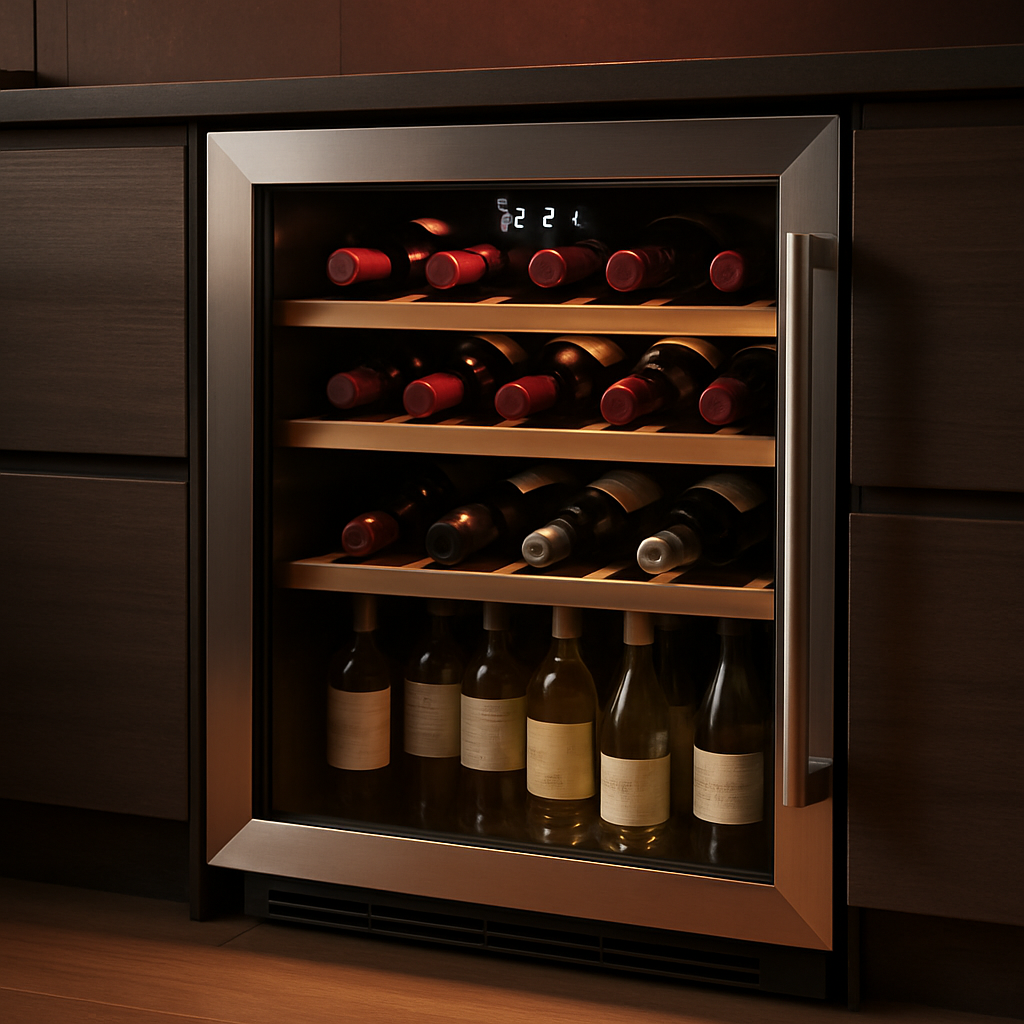 Aménagement intérieur et clayettes bois de la cave à vin Airlux ARCAV54