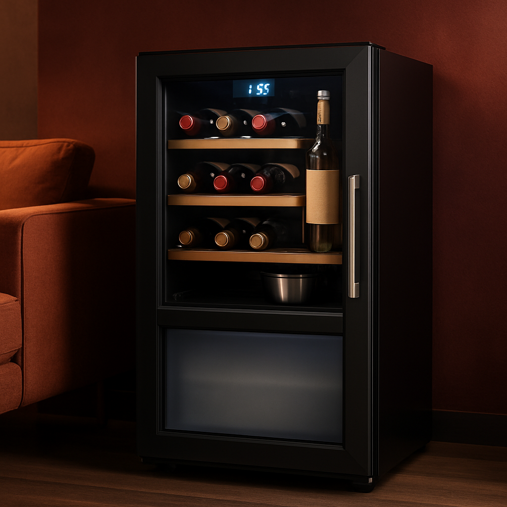 Aménagement intérieur et étagères bois de la cave à vin Klarstein Shirley Wine Cooler + Freezer